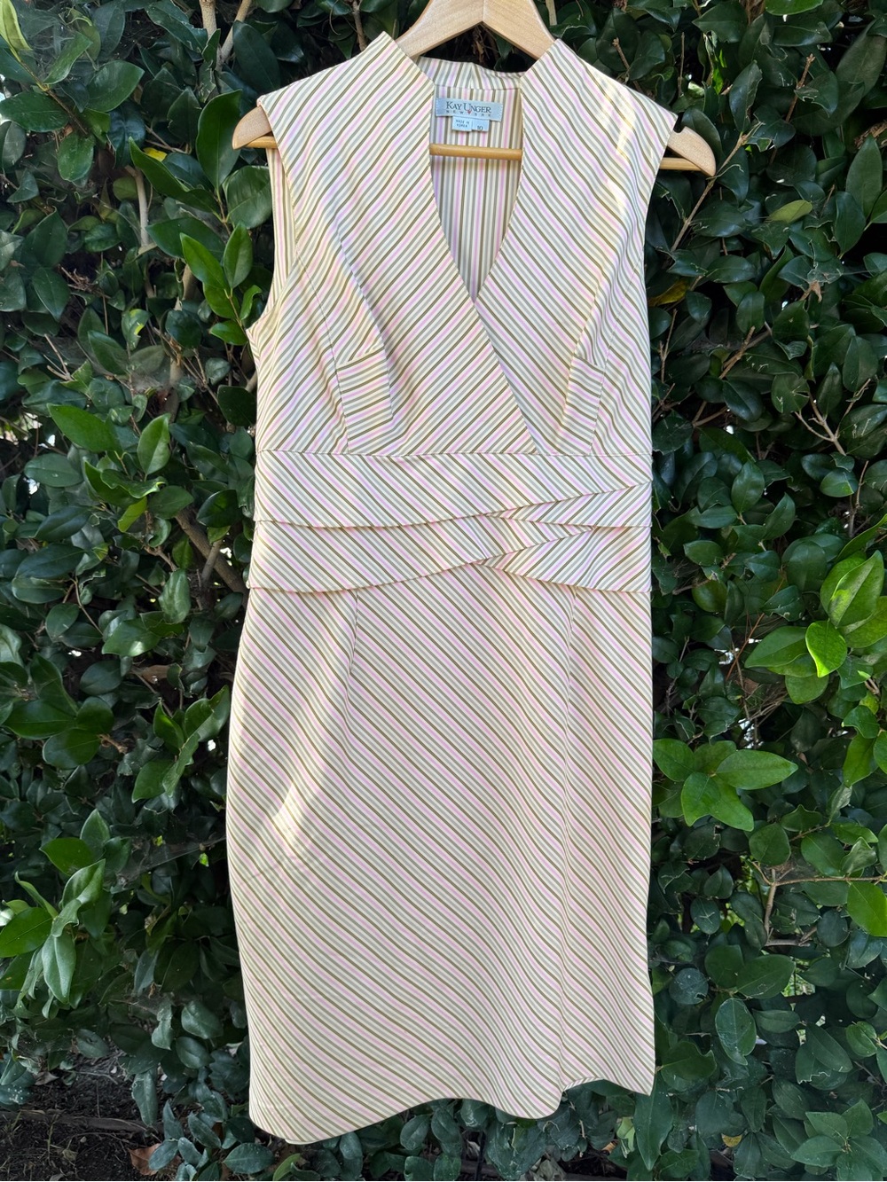 Kay Unger Pink and Green Striped V-Neck Sheath Dress
